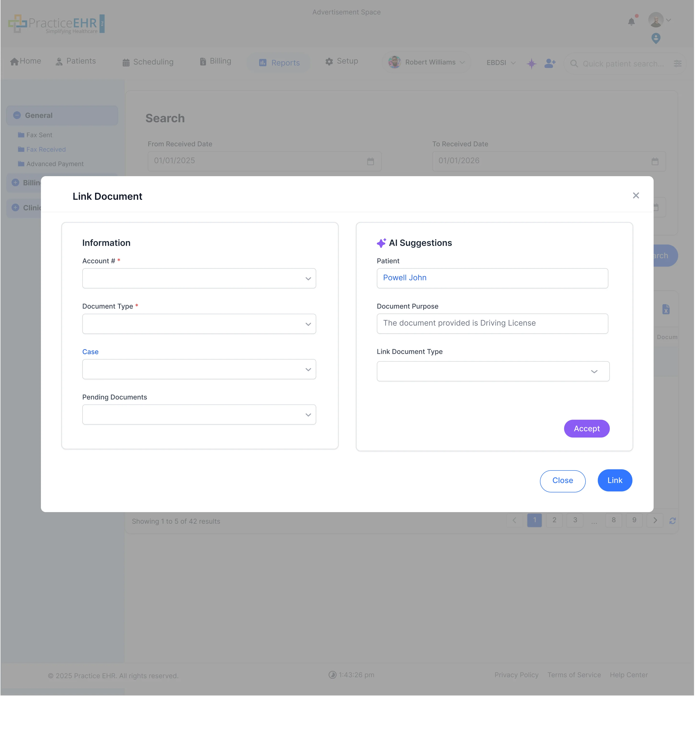 Fax Received Link Document modal